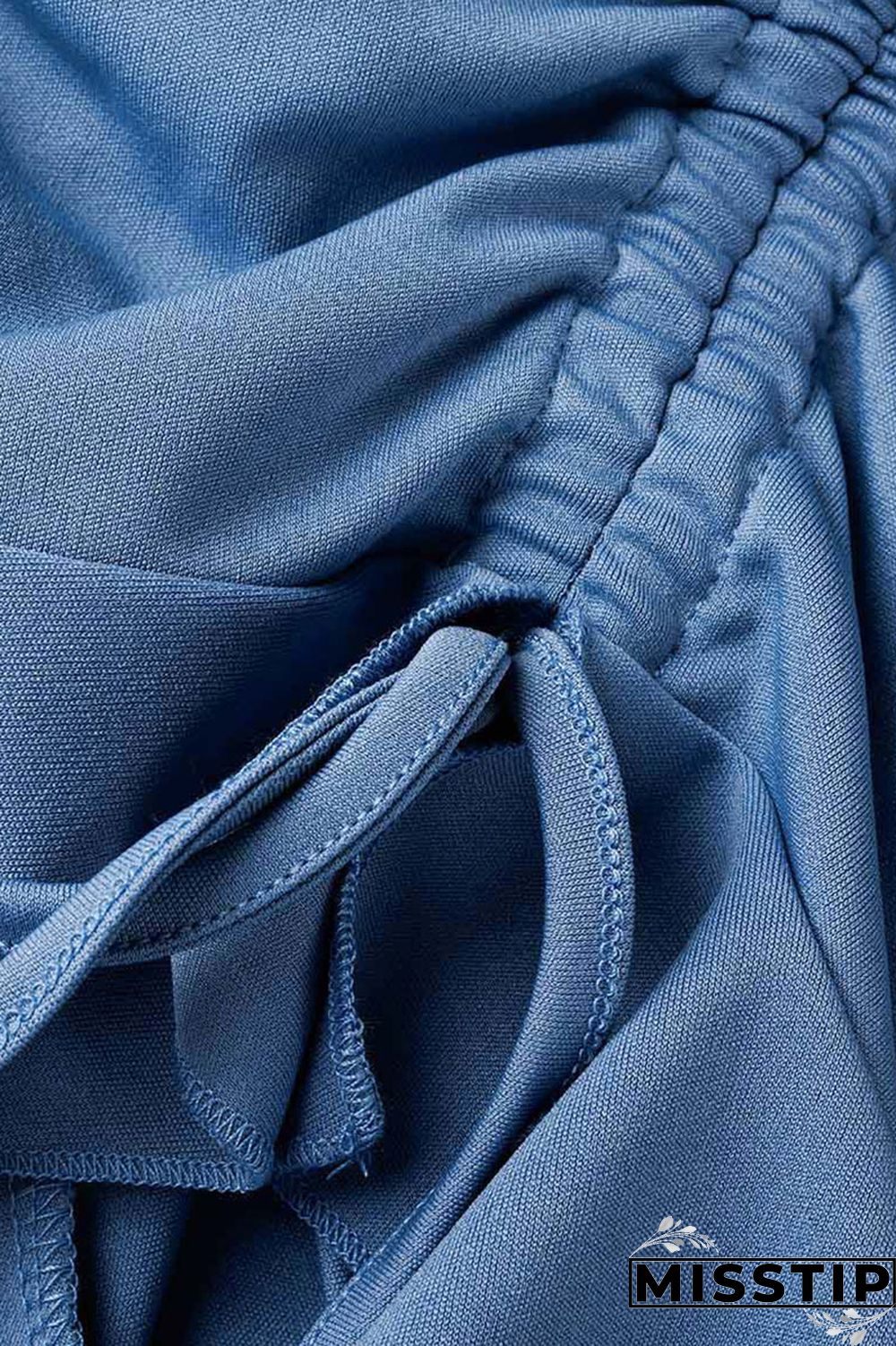 Blue Sexy Solid Drawstring Frenulum Stringy Selvedge Neck Long Sleeve Two Pieces
