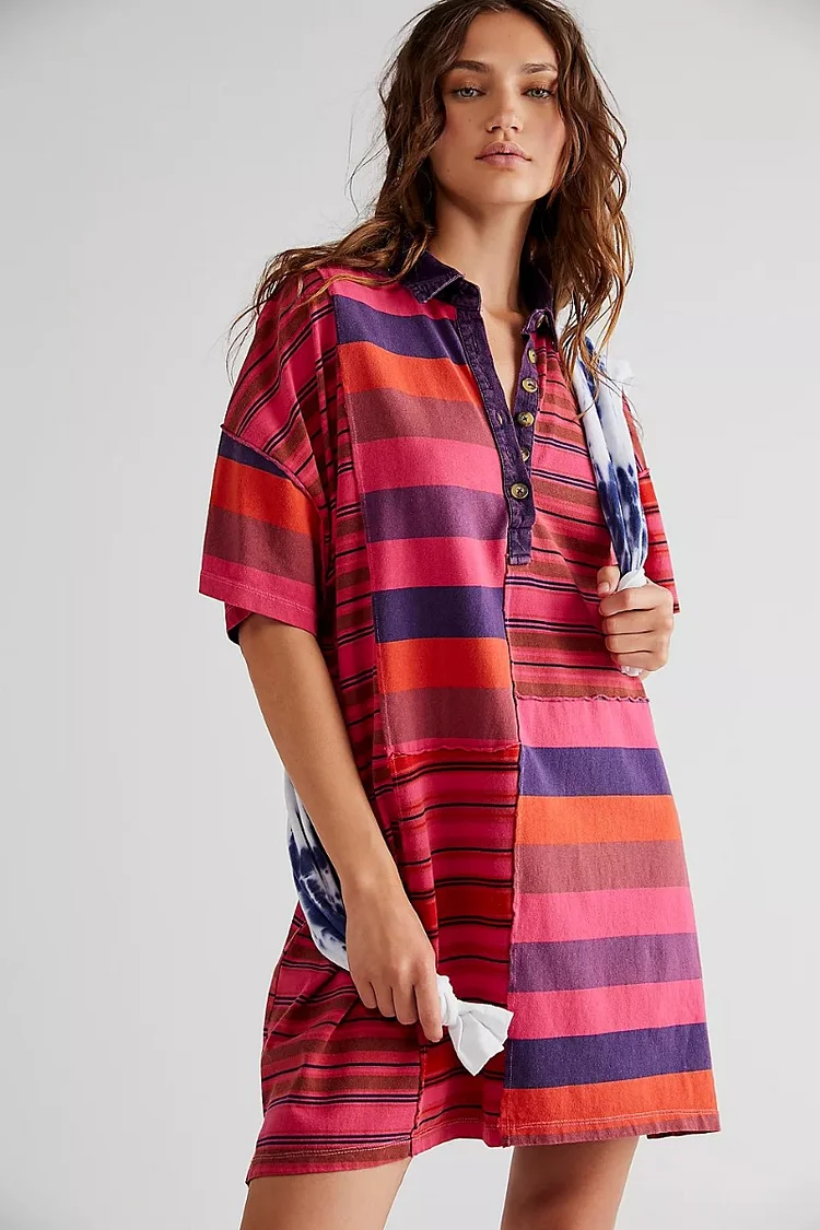 Casual Colorblocked Striped Lapel Long T-shirt