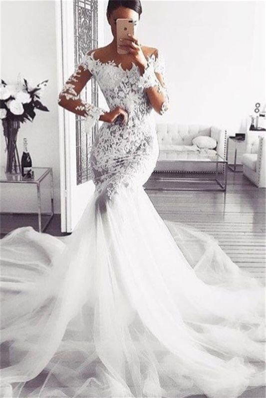 Long Sleeves Modern Lace Appliques Wedding Dress Mermaid On Sale Ballbellas Ballbellas