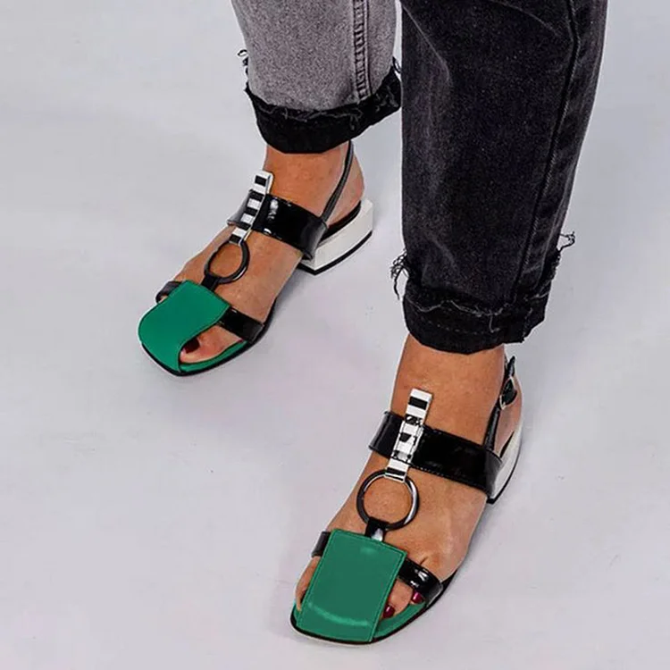 Multicolor Square Toe Block Heels Women's Hollow Out Loafer Shoes Vintage Buckle Pumps |FSJ Shoes