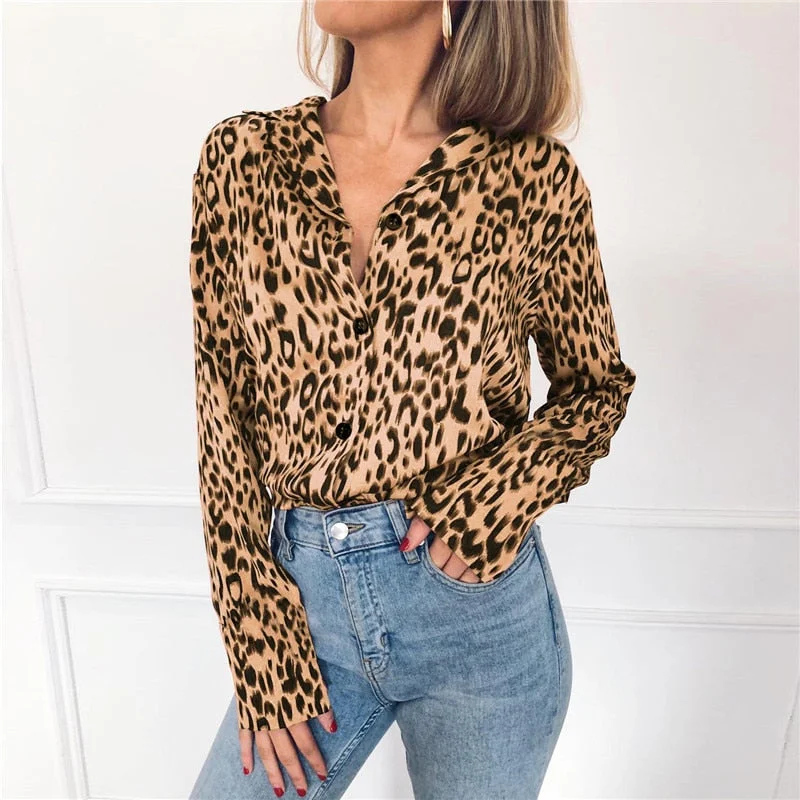 Aachoae Women Blouses Autumn Leopard Blouse Long Sleeve Turn Down Collar Lady Office Shirt Loose Tops Plus Size Blusas Chemisier