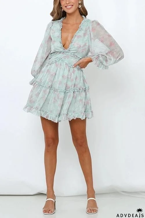 Print V Neck Backless Mini Dress
