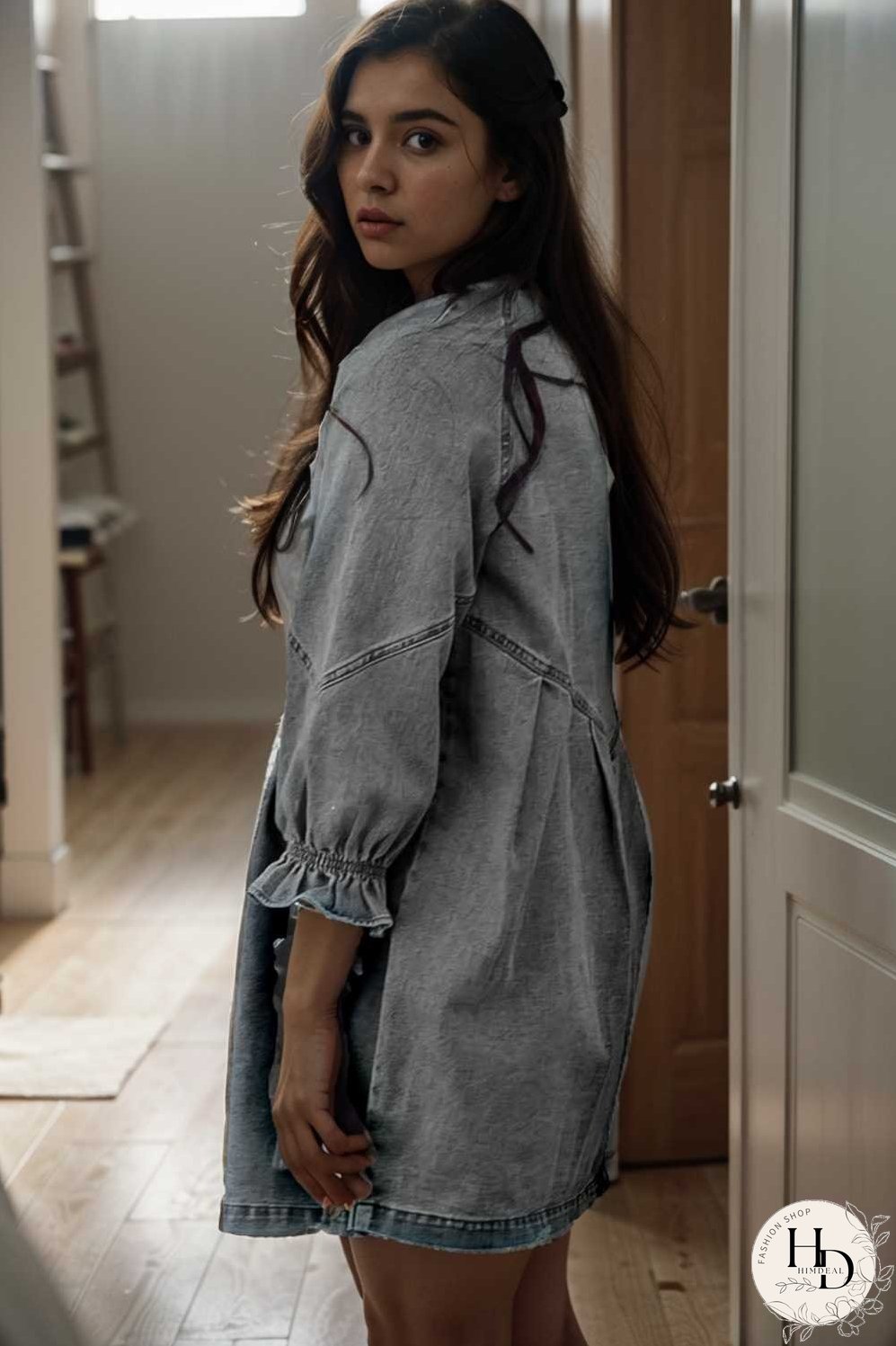 down loose short sleeve denim jean dress drop shoulder a line paneled peasant closed bateau v neck dress