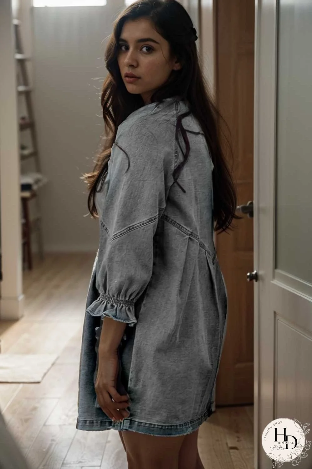 down loose short sleeve denim jean dress drop shoulder a line paneled peasant closed bateau v neck dress