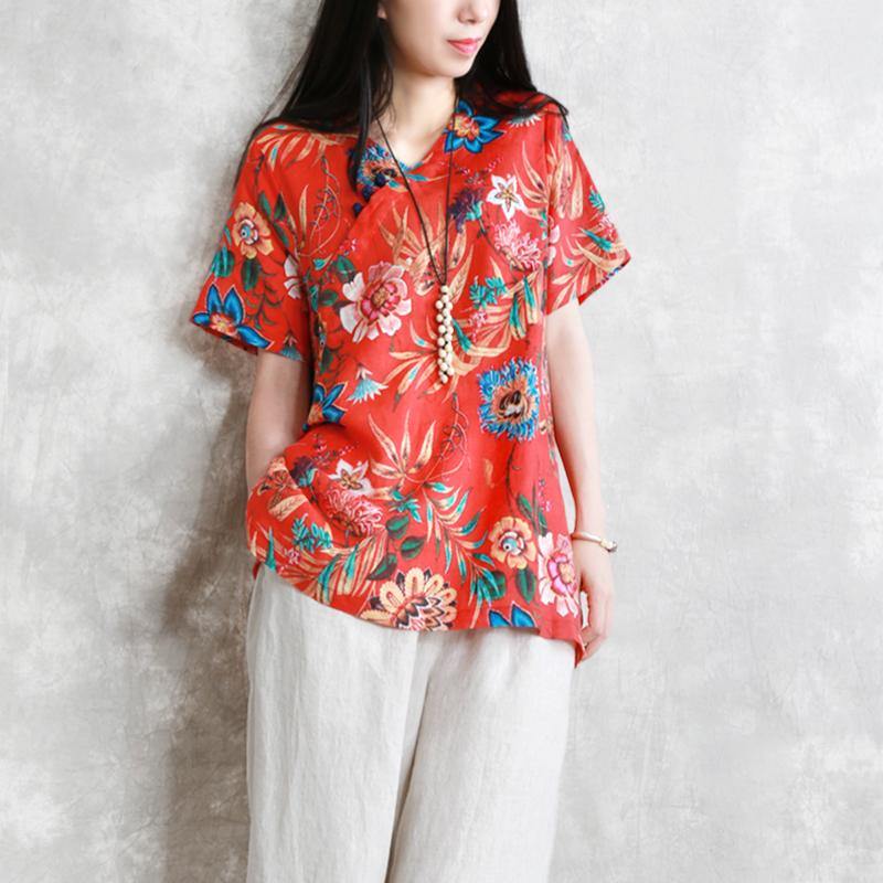 VCSHOES red pure linen tops Loose fitting traveling clothing short sleeve prints linen clothing tops