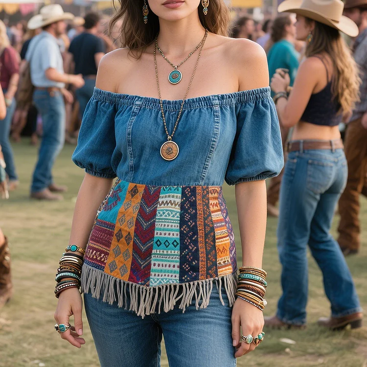 Ursime Denim Off Shoulder Puff Sleeve Boho Patchwork Fringe Blouse