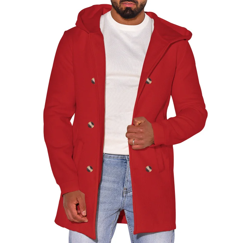 Men's Woolen Hooded Double-breasted Windbreaker Woolen Coat Jacket