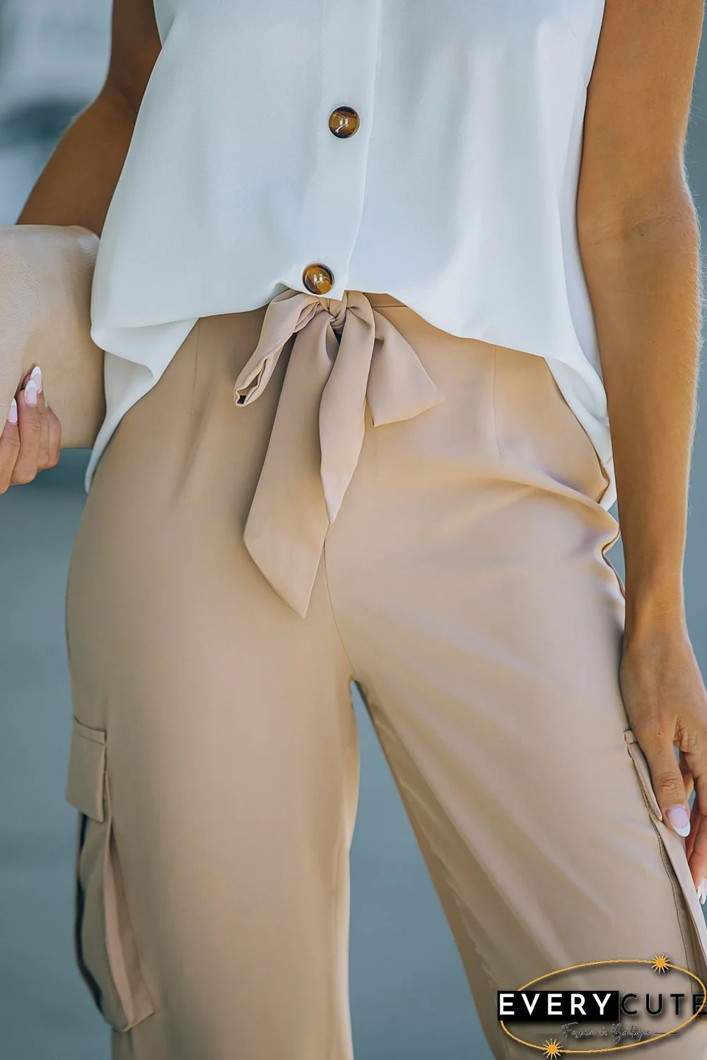 Khaki Side Pockets Slim Fit Knotted High Waist Pants