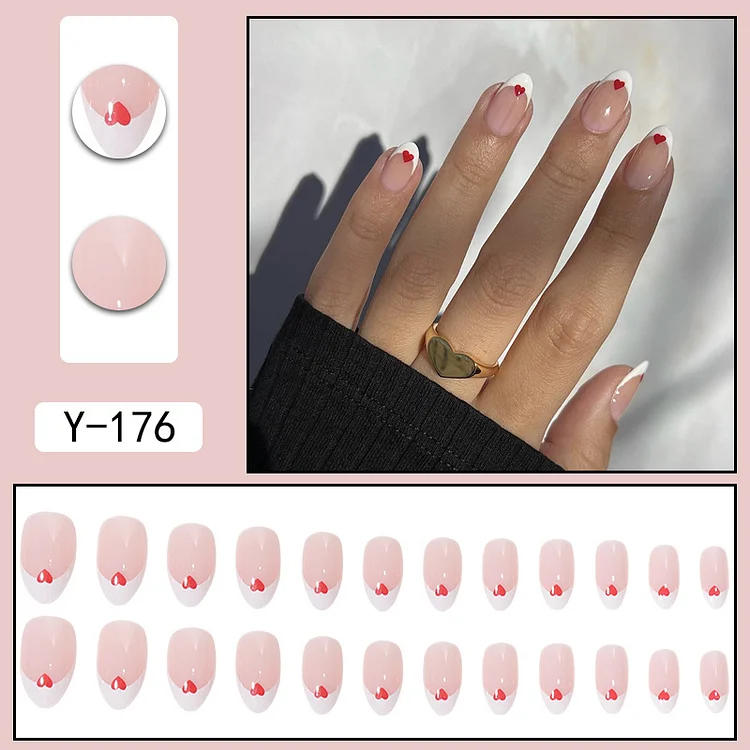 French Heartbeat - 24 Fake Nails 12 Sizes Short Almond Press On Nails Kit