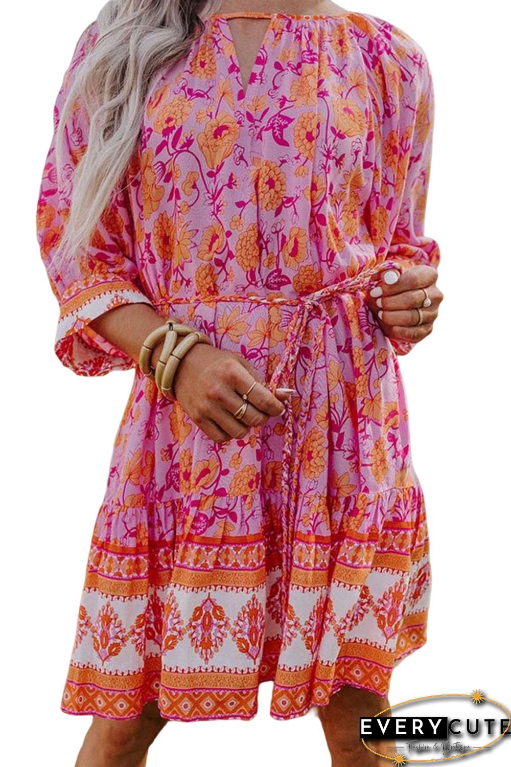 Red 3/4 Sleeve Boho Floral Belted Mini Dress