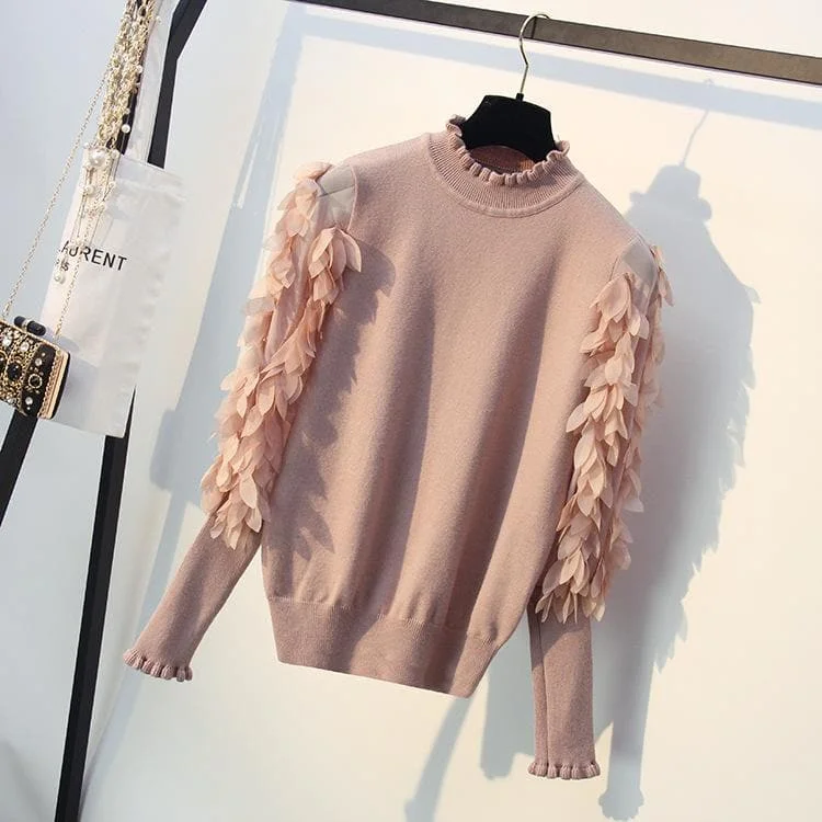 Ruffled Collar Knitted Fashion Flowers Sleeves Sweater SP15588