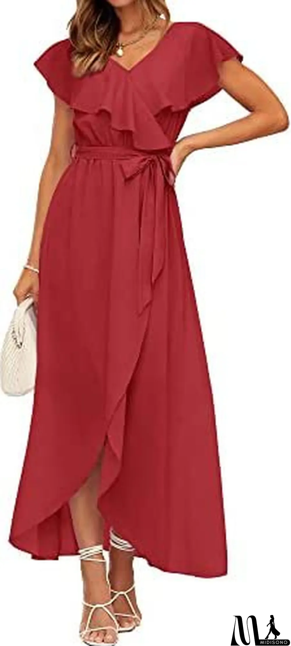 MidiSono - Summer V Neck Fashionable Elegant Solid Color Ruffle Trim Irregular Maxi Dress