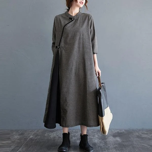 Plaid Pattern Stand Collar Loose Female A-line Dresses
