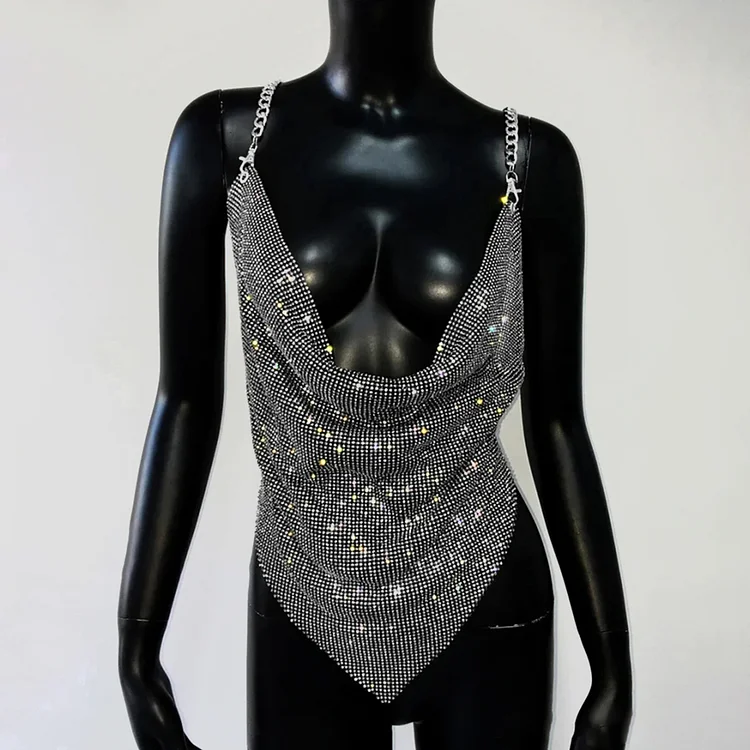 Party Rhinestone Embellished Cowl Neck Chain Straps Top