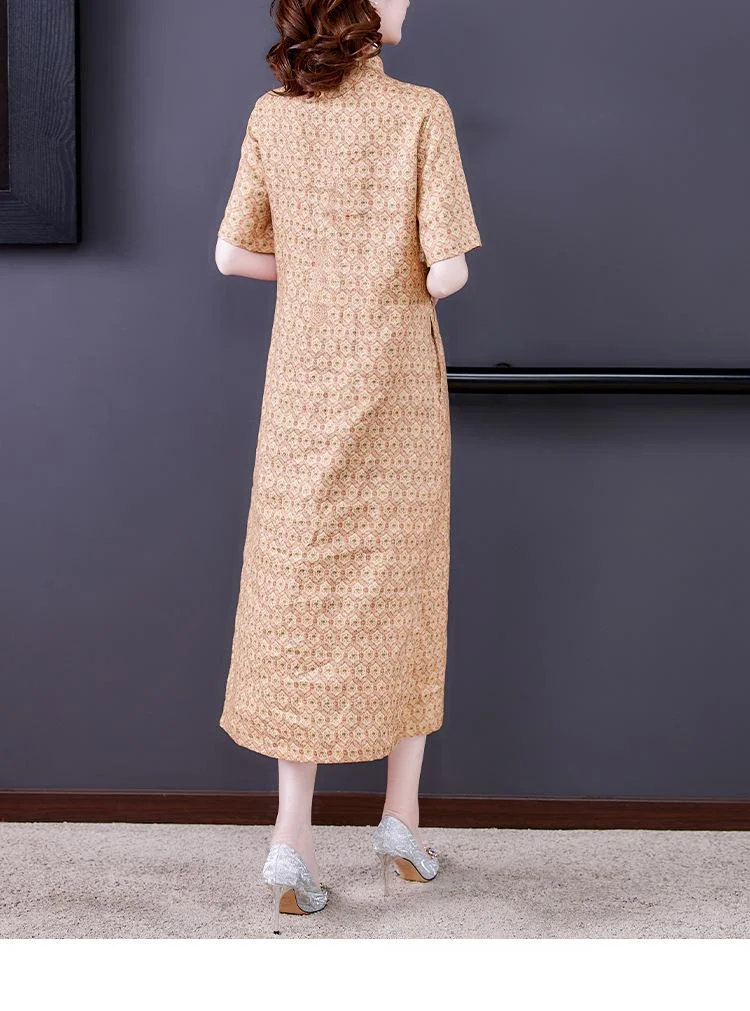 Women's new printed retro short-sleeved cheongsam linen long dress
