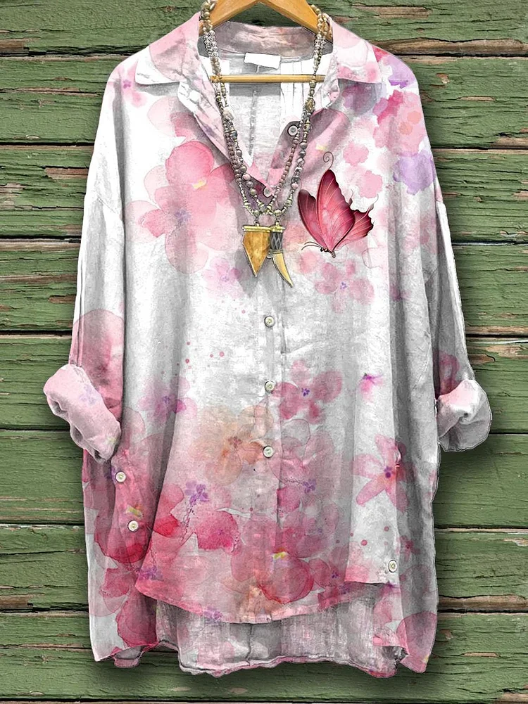 Women's Pink Butterfly Flowers Print Casual Cotton And Linen Shirt