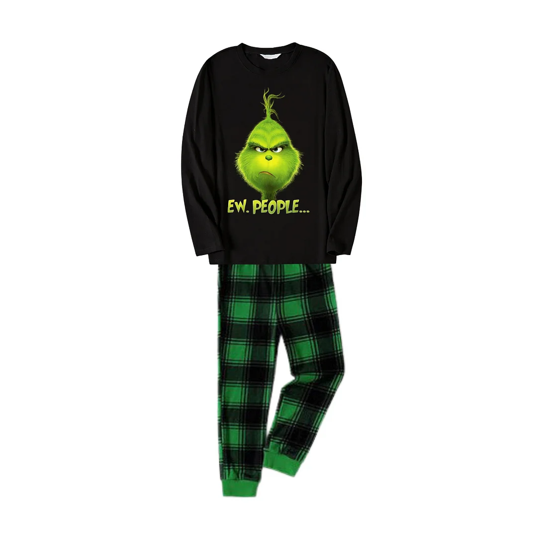 Christmas Cartoon Face and Text Print Black Long Sleeve Top with Green and Black Plaid Family Matching Pajamas