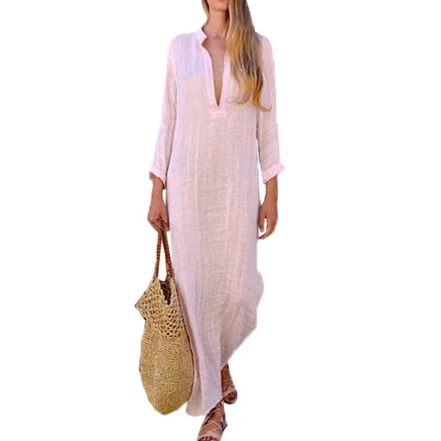 2021 Autumn Women Boho Cotton Linen Maxi Dress Lady Party Evening Loose Sundress Women's V Neck Long Dress Lady Clothing Vestido