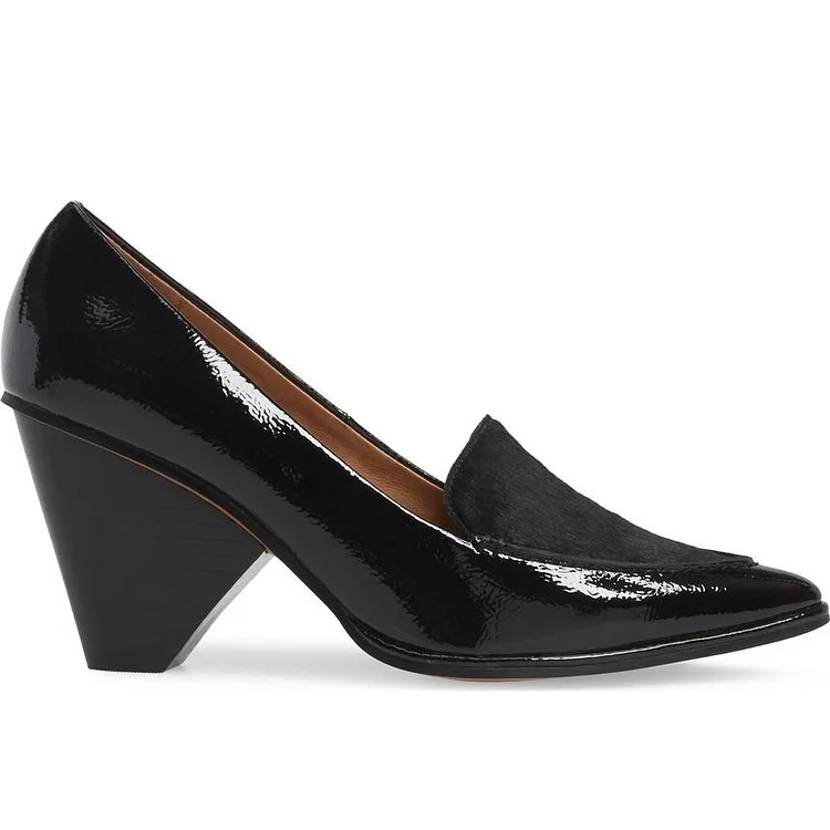 Black Patent Leather Pointy Toe Loafers with Cone Heel Vdcoo