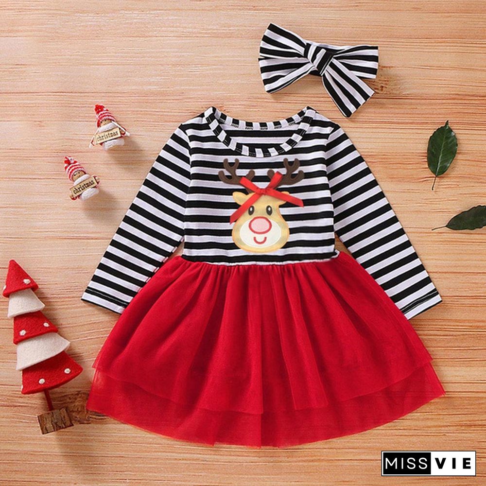 New Fashion Toddler Baby Girls Cute Christmas Santa Striped Print Tulle DressHeadband