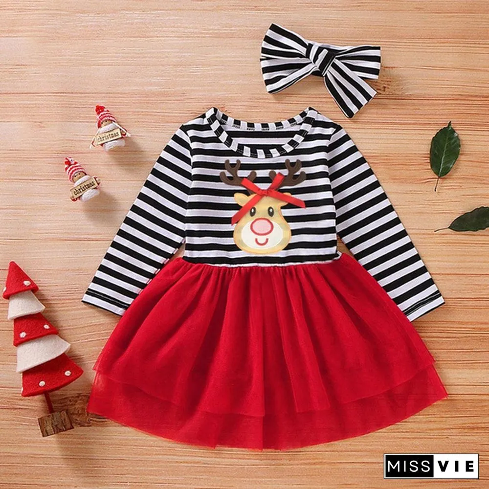 New Fashion Toddler Baby Girls Cute Christmas Santa Striped Print Tulle DressHeadband