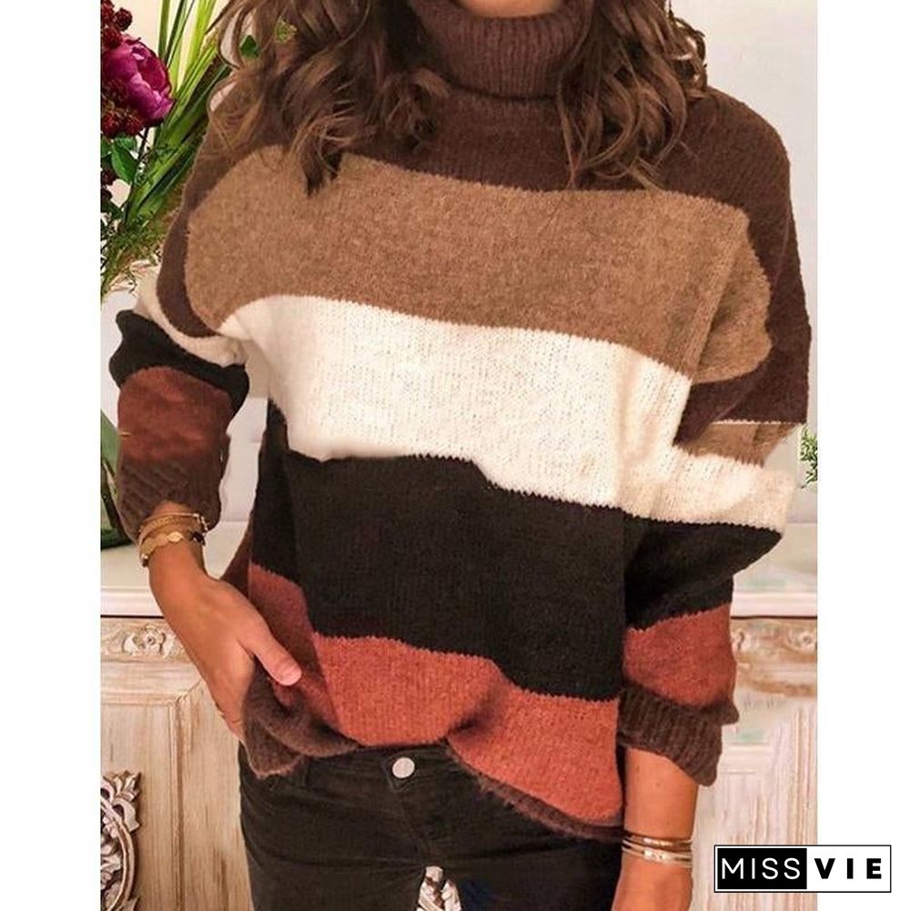 Elegant High Neck Striped Sweaters