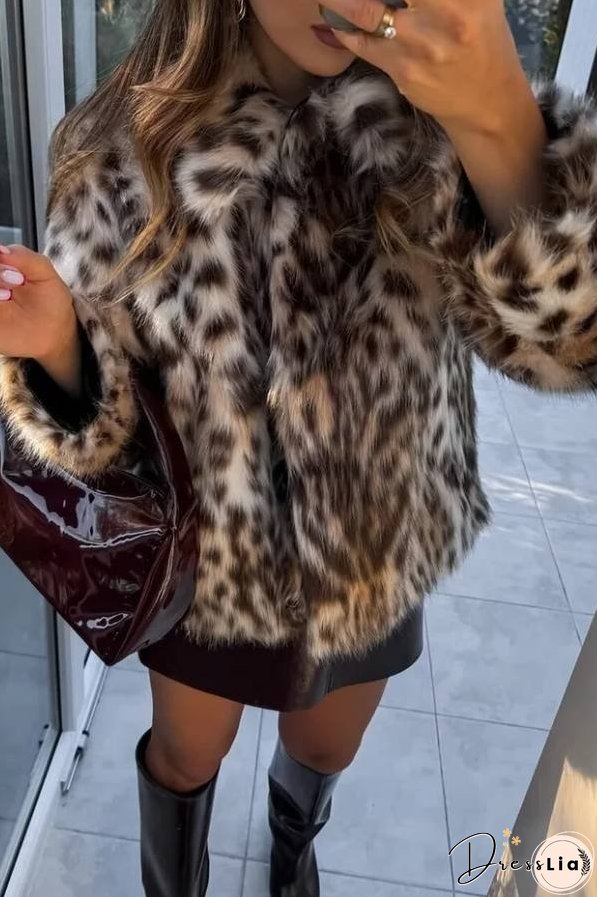Leopard Print Faux Fur Turndown Collar Fuzzy Coat-Brown