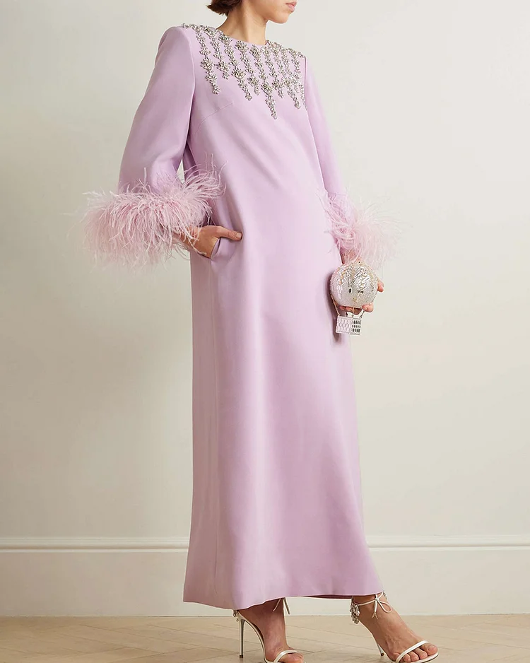 Feather-Trimmed Crystal-Embellished Crepe Gown