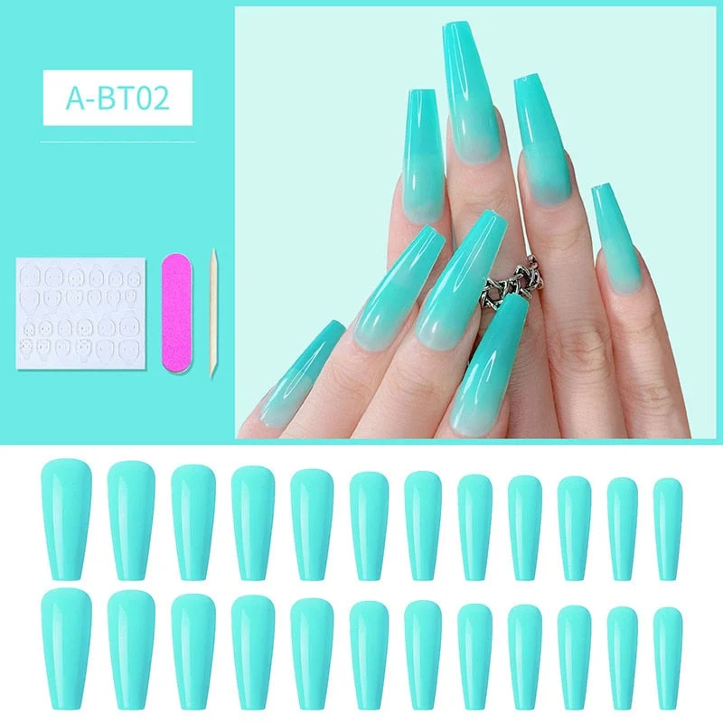 24pcs/box Artificial Nails With Glue Mid-length Fake Nails Gradient Wear Nail Stickers Finished Fake Nails Press On Nails Coffin-Nail Inspo