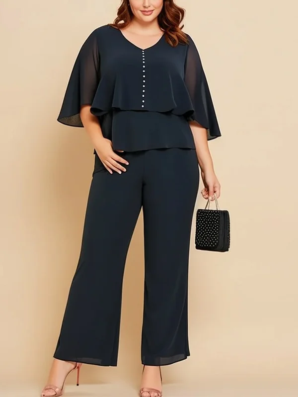 V-Neck Solid Chiffon Top And Trousers Suit