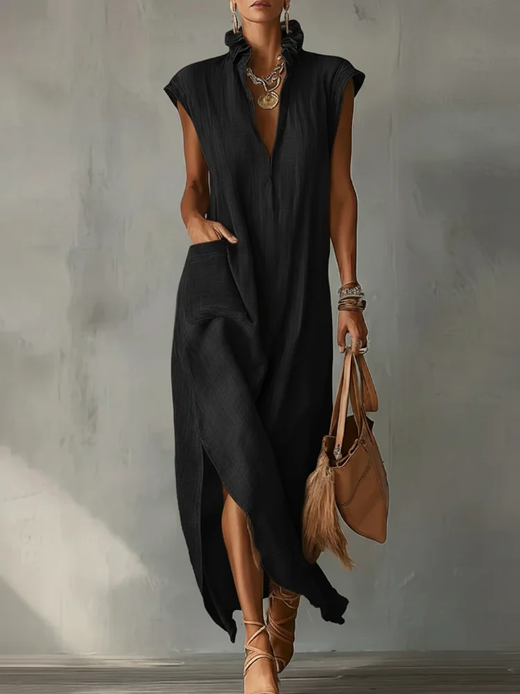 Women's Ruffle Collar Cotton Linen Midi Dress &ndash; Elegant Summer Dress