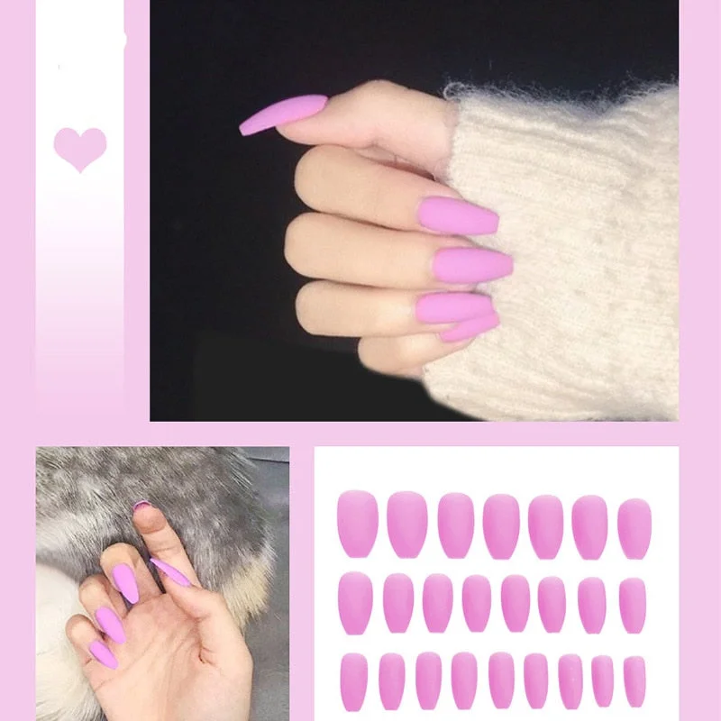 24pcs/box Full Cover fake Press on Nails Matte Yellow Pure Acrylic Frosted Ballerina acrylic for nails for Women free shipping-Nail Inspo