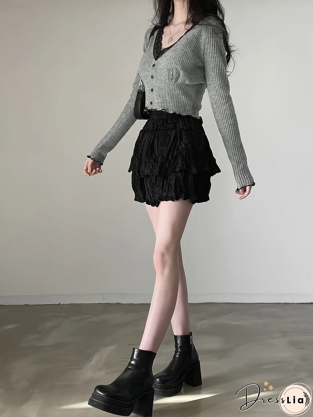 Contrast Lace Trim V-neck Crop Top, Y2K Lettuce Trim Long Sleeve T-shirt, Women's Clothing