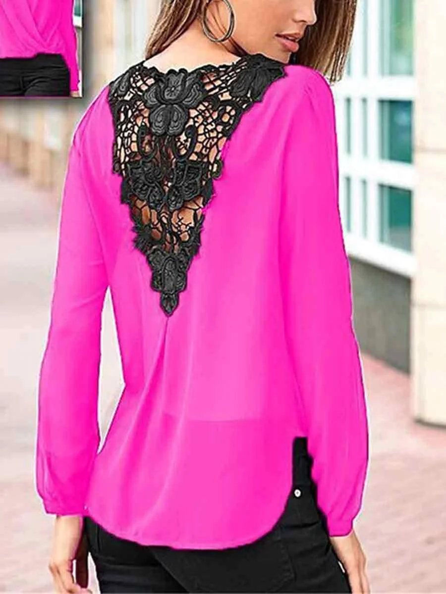 Cross V-Neck Lace Back Long Sleeves Blouse