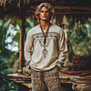 Men's Bohemian Holiday Style Vintage Linen Printed Casual Long Sleeve Top by Inlyline
