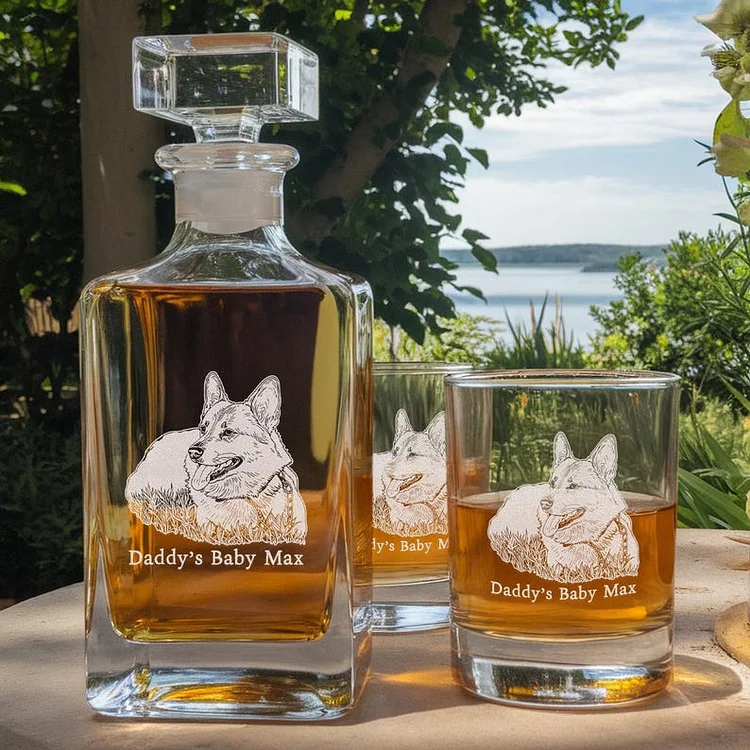 Personalized Custom Photo Dog Pet Whiskey Glass And Decanter Set, Dog Whiskey Glass Cup
