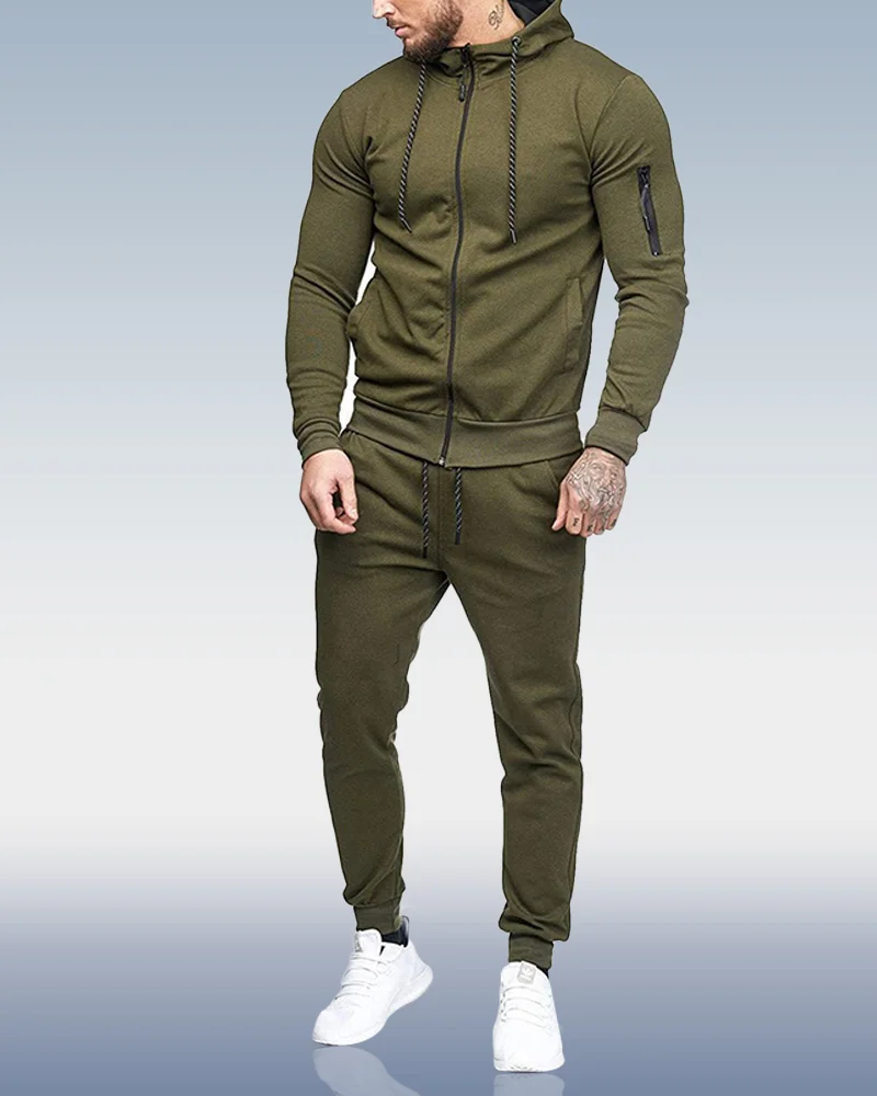 Men's Green Sports Zipper Decoration Fitness and Leisure Two-piece Set