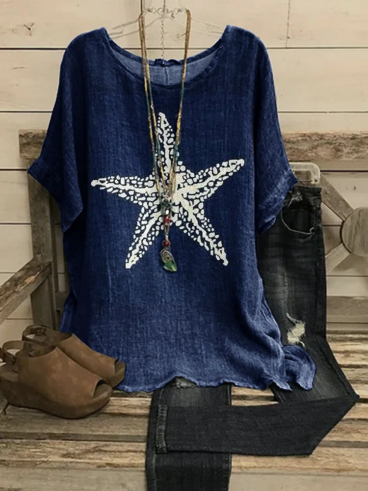 Women'S Marine Artistic Starfish Pattern Pattern Cotton And Linen Short Sleeve Top
