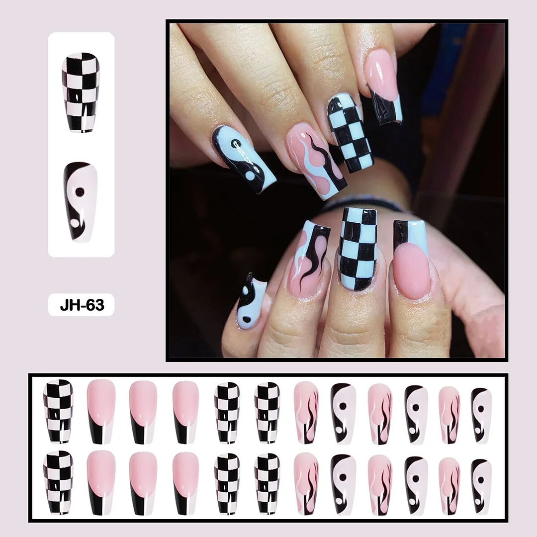 24pcs/box Classic Checkerboard Pattern Geometric Simplicity Nail Art Short False Nails With Glue Fake Nails With Wearing Tools-Nail Inspo