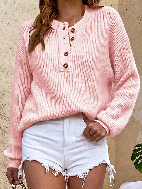 Casual Long Sleeves Solid Color Round-Neck Sweater Tops
