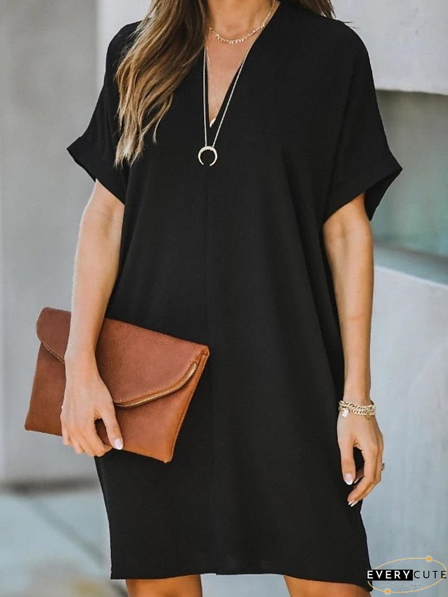 Casual Dress Midi Black White Yellow Short Sleeve Pure Color Summer Spring Neck Hot XXL