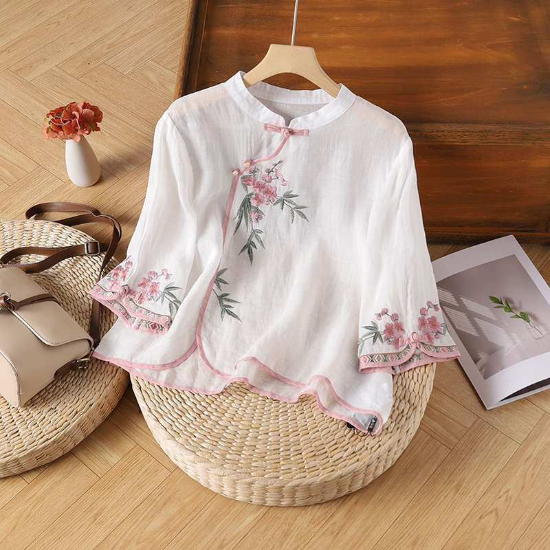 Comstylish Women's Retro Floral Print Button-up Collar Tie-waist Shirt