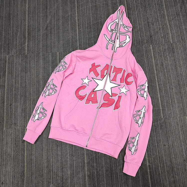 Star Letter Print Sweatshirt Oversized Y2k Street Hip Hop Casual Full Zip Up Hoodie at Hiphopee