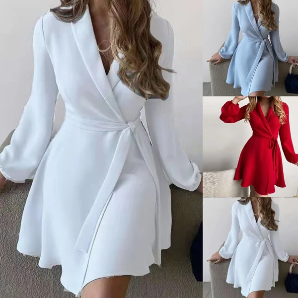 Women's Fashion Surplice V Neck Long Sleeve Mini Dress Casual Wrap Tunic Dress