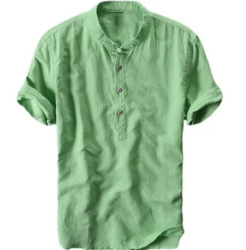 Brownm Brownm Summer Travel Holiday Men's Leisure Simple Small Fresh Linen Shirt Thin Solid Color Short-Sleeved Leisure T-Shirt