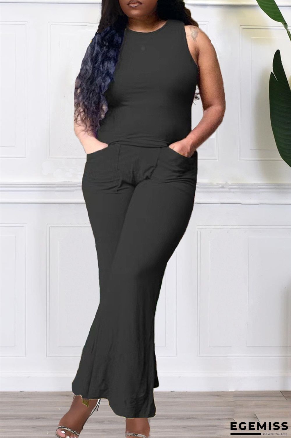 Black Fashion Casual Solid Vests Pants O Neck Sleeveless Two Pieces | EGEMISS