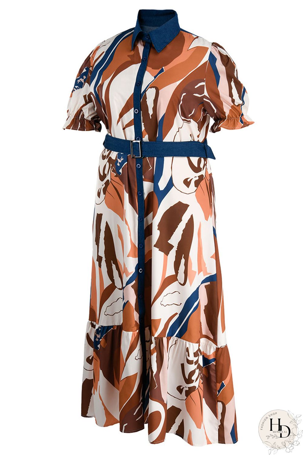 Tangerine Casual Print Patchwork Buckle Turndown Collar Straight Plus Size Dresses