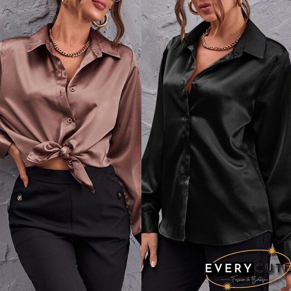 Autumn Women Long Sleeve Shirt Satin Silk Lapel Collar Elegant Casual Office Blouse Plus Size Tops Blusas