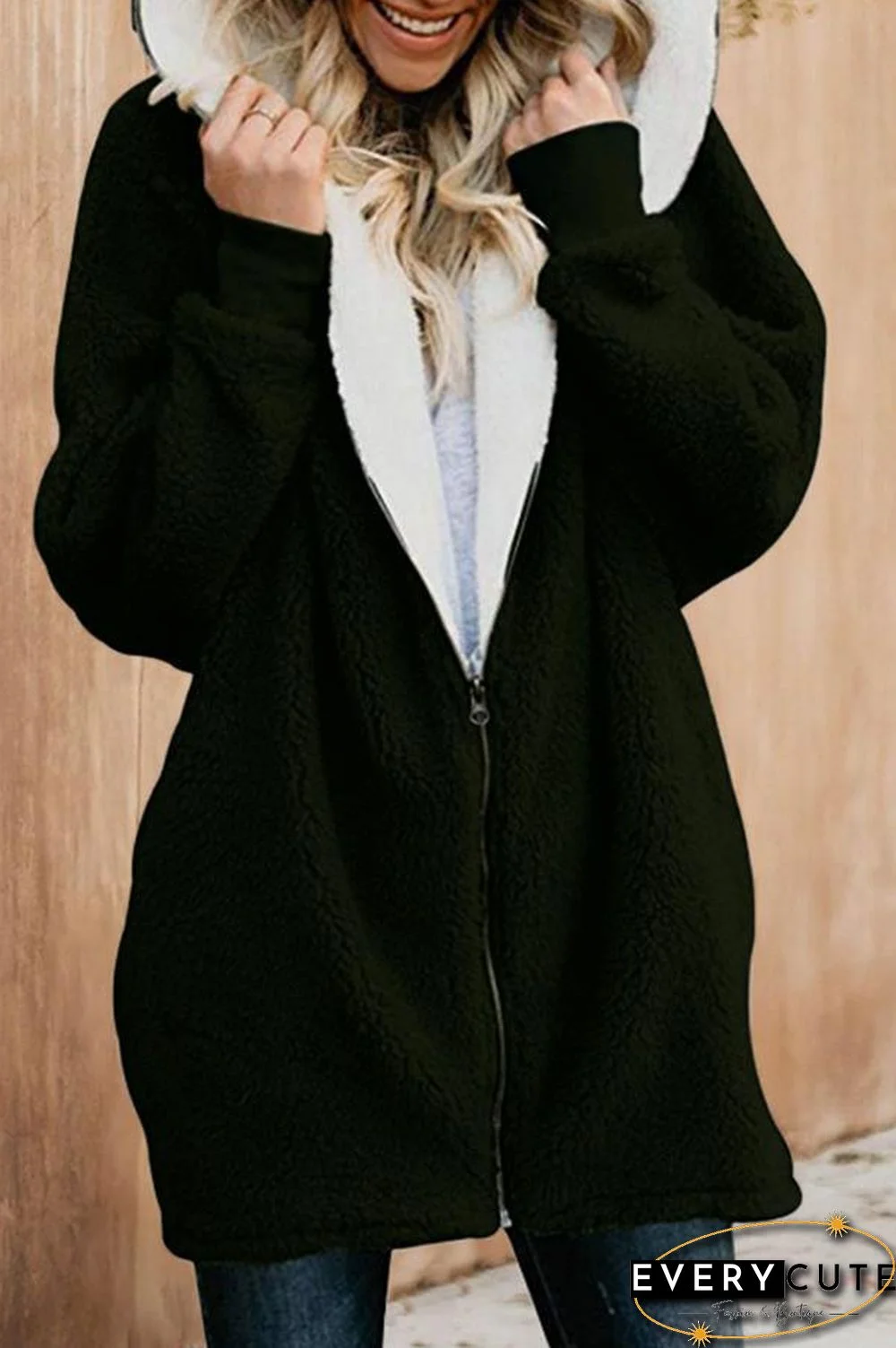 Fluffy Solid Color Hooded Coat P12047