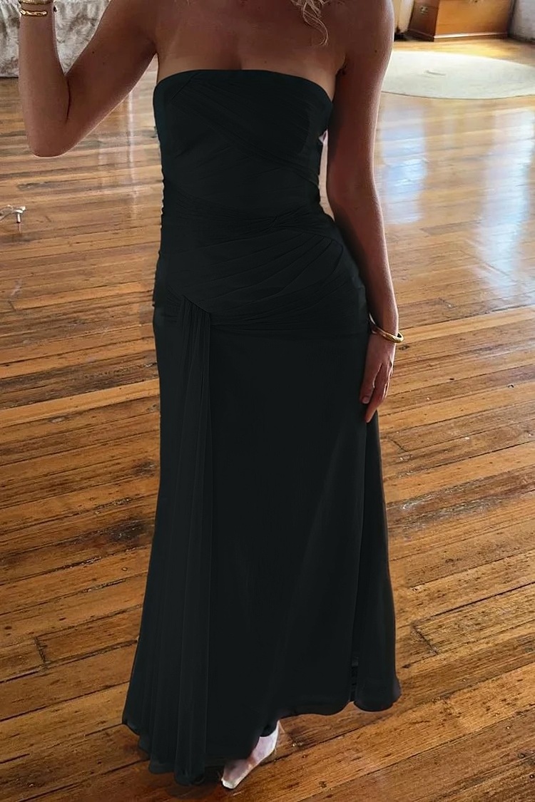 Daisda Chic Strapless Sleeveless Long Mermaid Prom Dress With Pleated